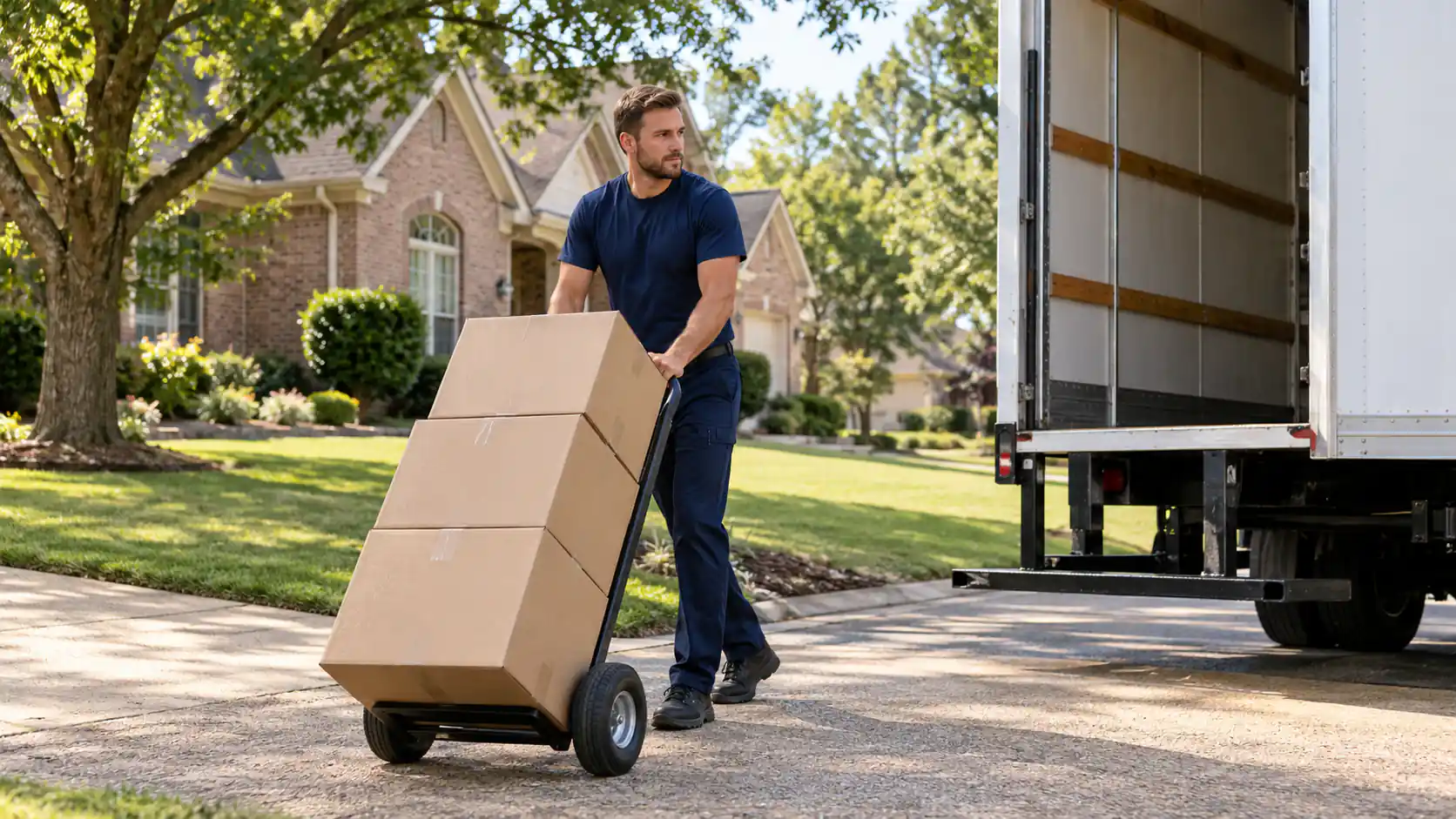 Illustrative mover using a hand truck in a leafy Gallatin neighborhood