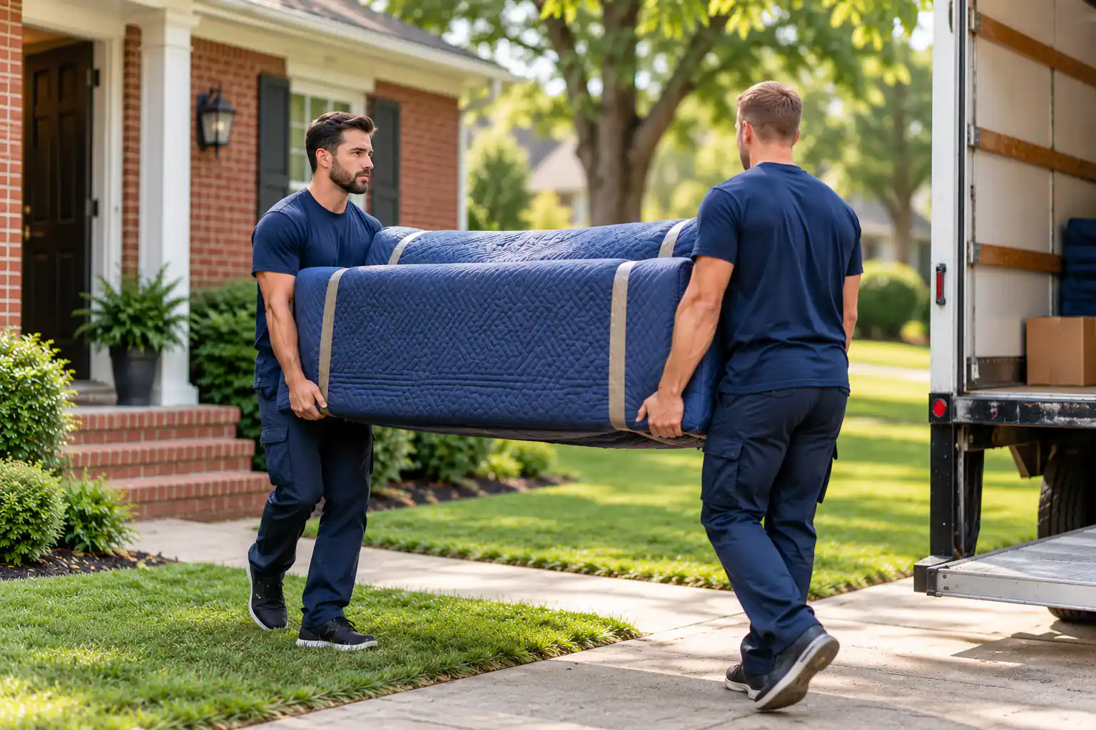Illustrative movers carrying a protected sofa outside a Gallatin brick home