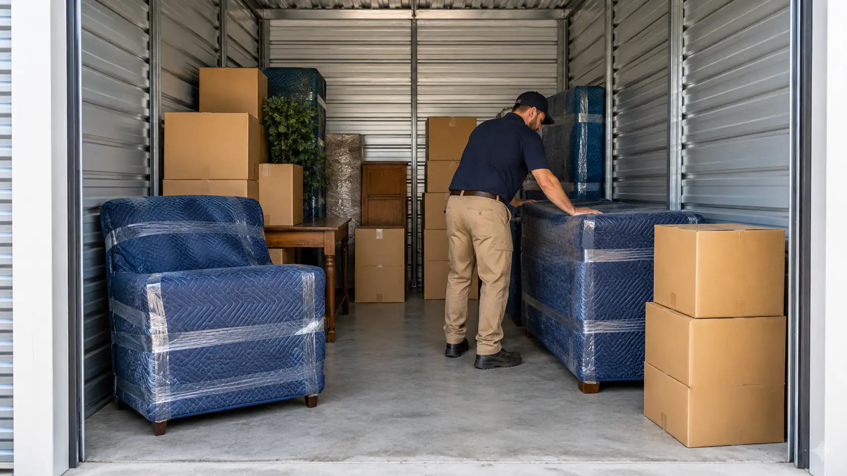 Illustrative storage scene with protected furniture and packed boxes