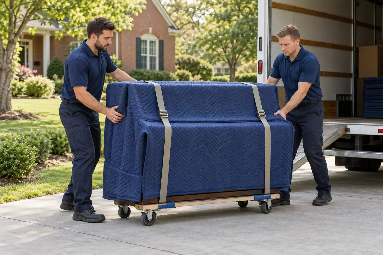 Illustrative piano moving with a protected upright piano in Gallatin, TN
